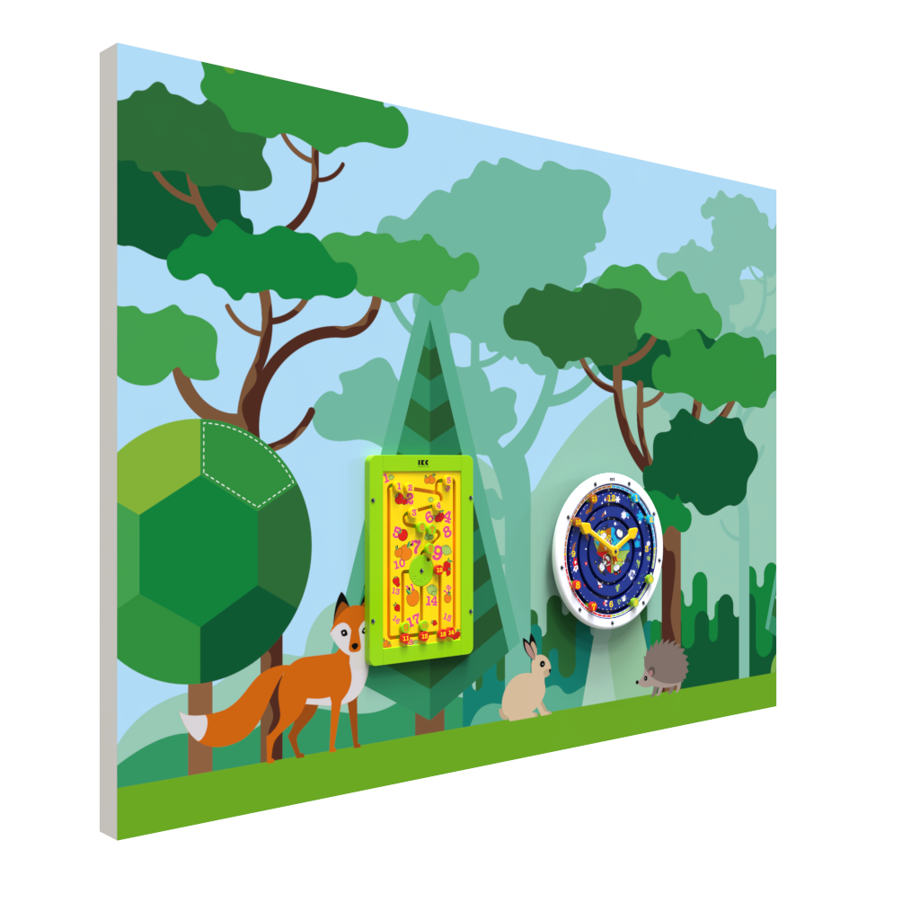 Forex wand met een bos thema en wandspeelbord voor extra beleving in een speelhoek