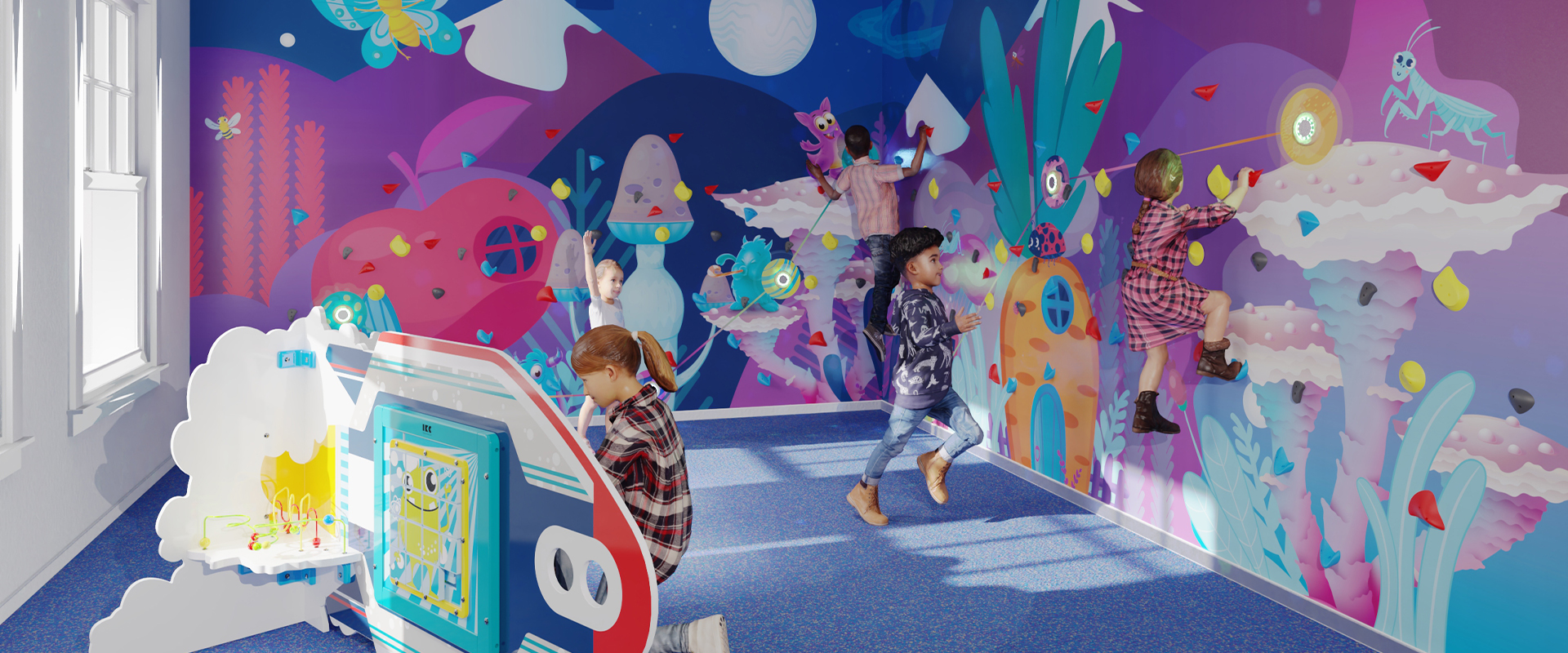 IKC interactieve speelmuur Activity Wall Parcours met ruimte thema en ingebouwde klimmuur met klimgrepen voor kinderen